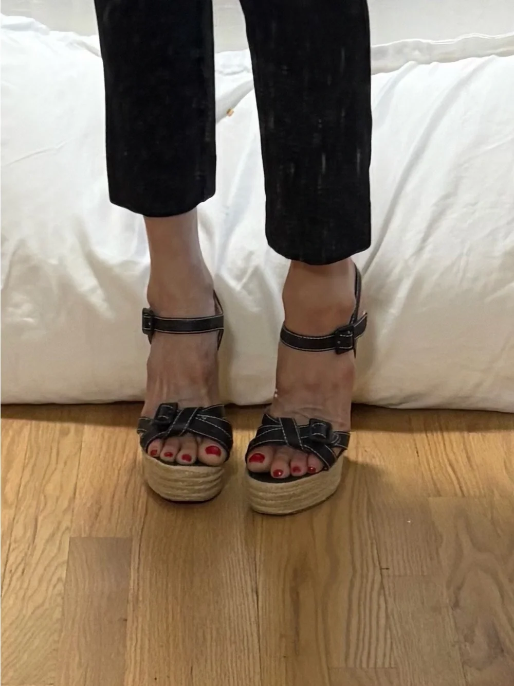 Christian Louboutin Black Espadrille Wedge Sandals with Red Soles